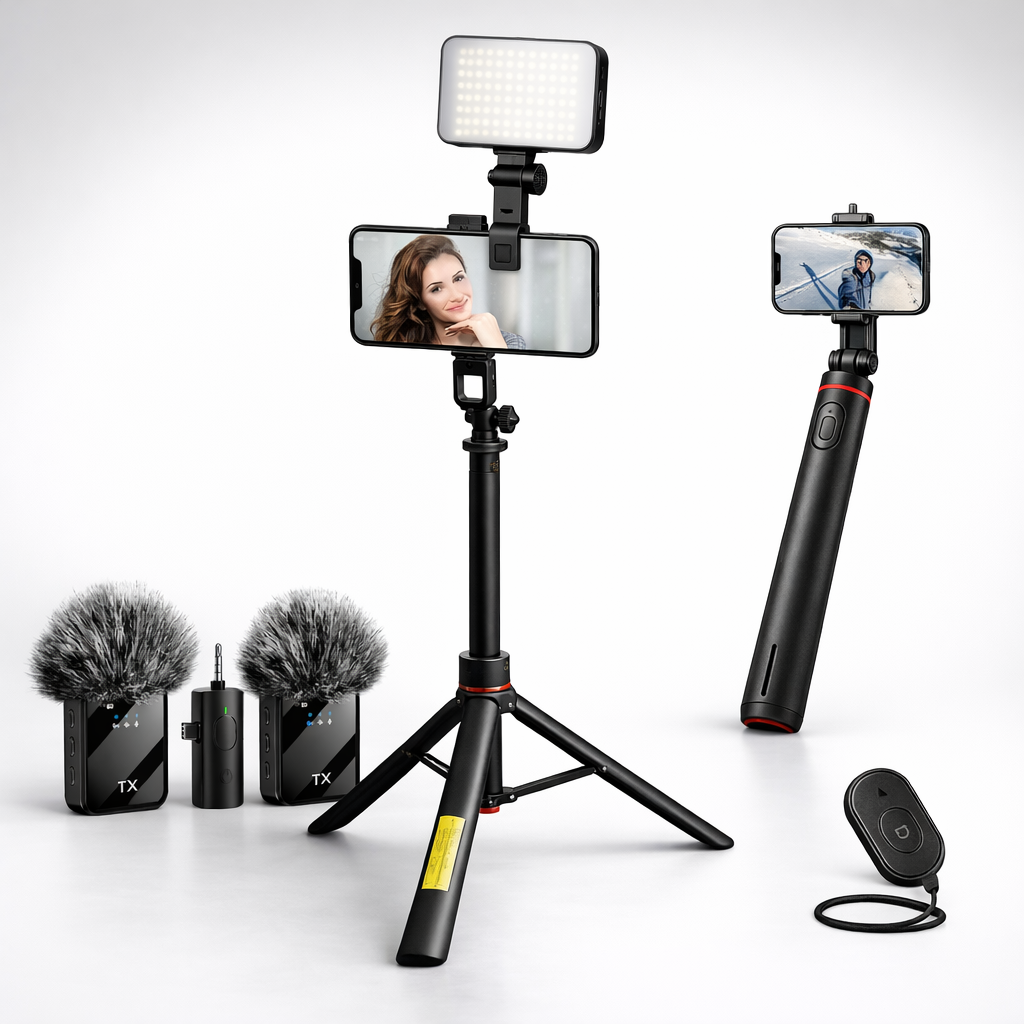 Kit Creacion Contenido Influencer Streamer Tripode Luz y Micrófonos